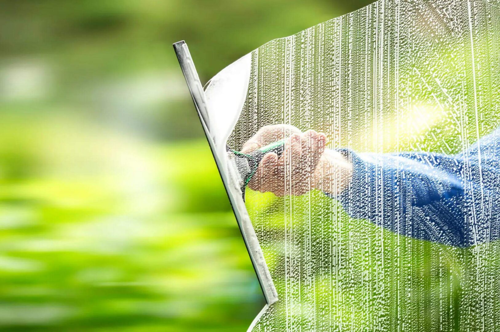 Hand touching a rain-covered glass window with blurred greenery outside.